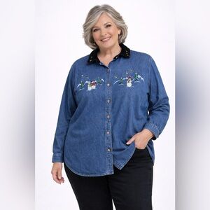 Basic Editions Vintage Snowman Embroidered Denim Button Up Shirt Size 18W